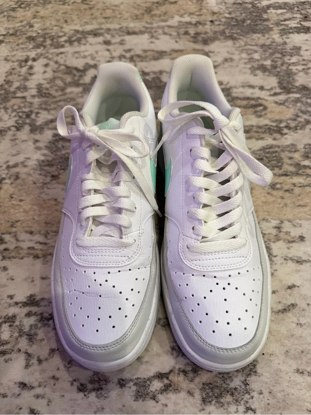 Nike Men’s White Leather Sneakers with Mint Green Swoosh